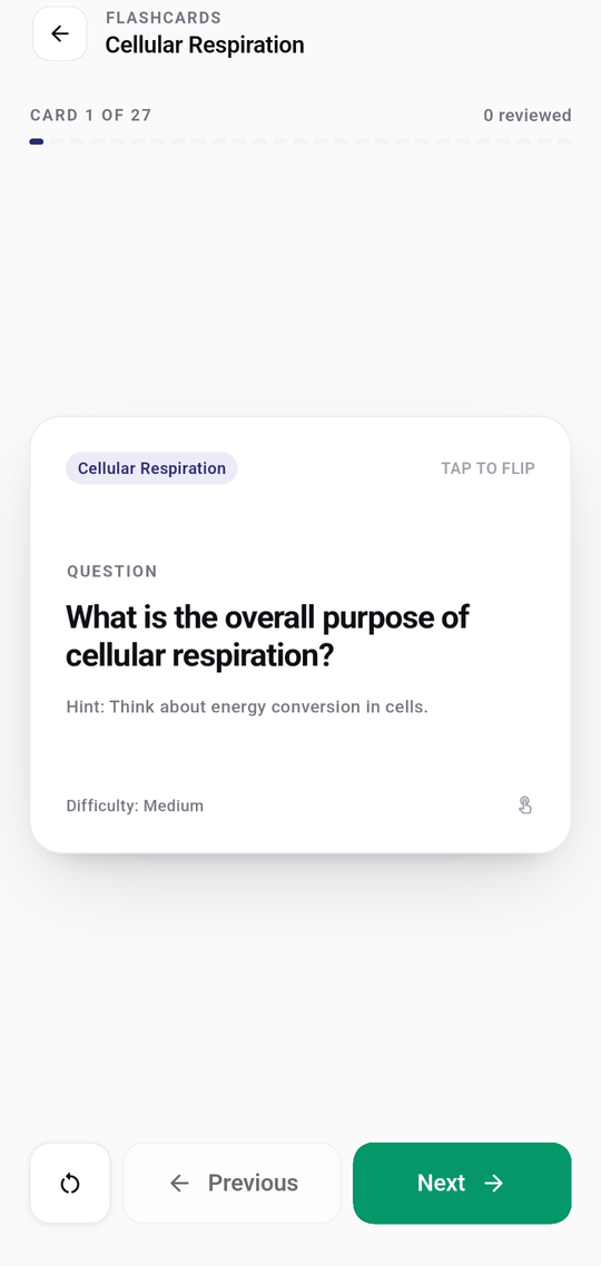 A flashcard showing a question, with Previous and Next controls